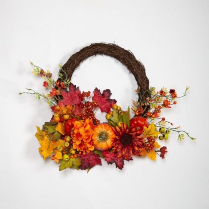 55cm Autumn Basket Wreath with Mixed Pumpkins & Berries