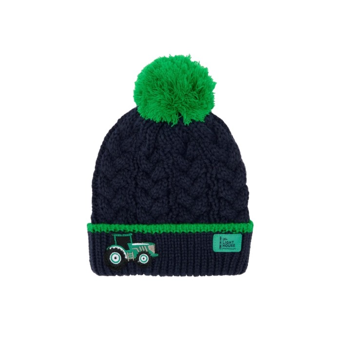 Green Tractor Cable Knit Bobbie Bobble Hat 5-10yrs