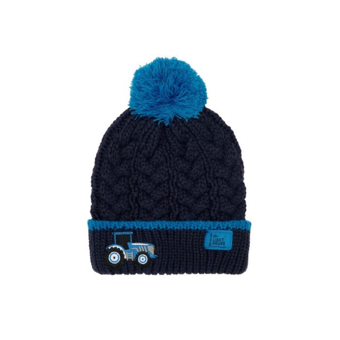 Blue Tractor Cable Knit Bobbie Bobble Hat 2-4yrs