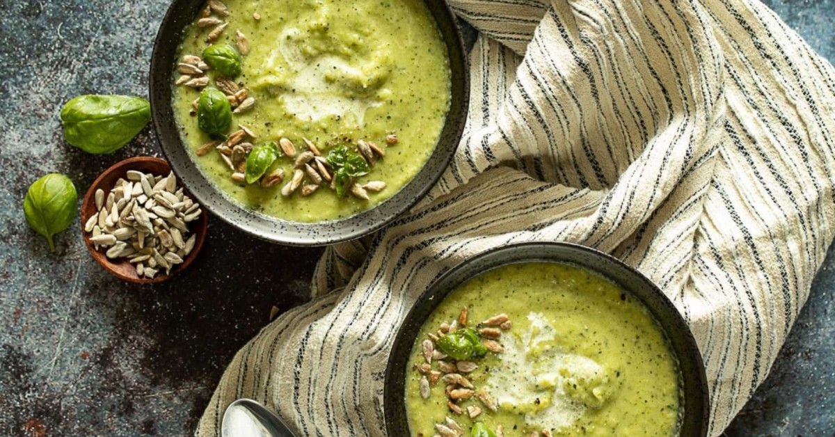 Pea & Courgette Soup with Yogurt & Minted Almond Salsa